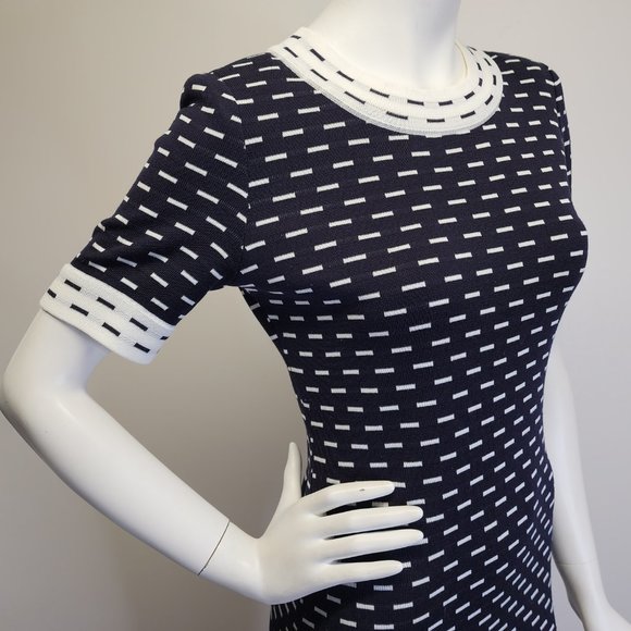 Misook Womens XS Petite Short Sleeve Knit Dress Navy Blue White Dashes & Trim - Picture 3 of 14